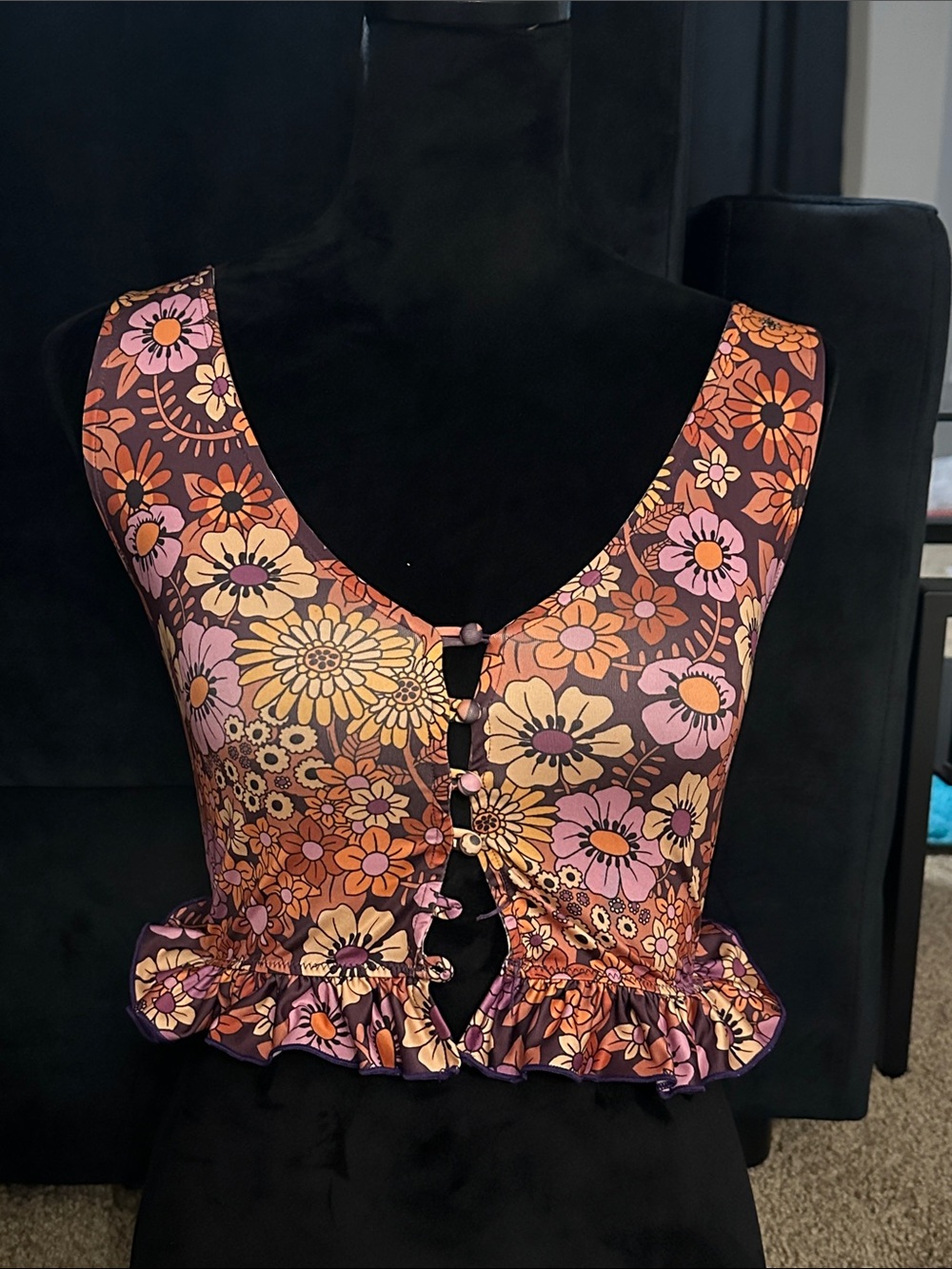 Floral Ruffle Button-Front Crop Top - Pink & Orange